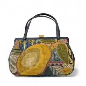 Vintage Abstract Floral Needlepoint Navy Faux Leather Trim Double Handle Purse